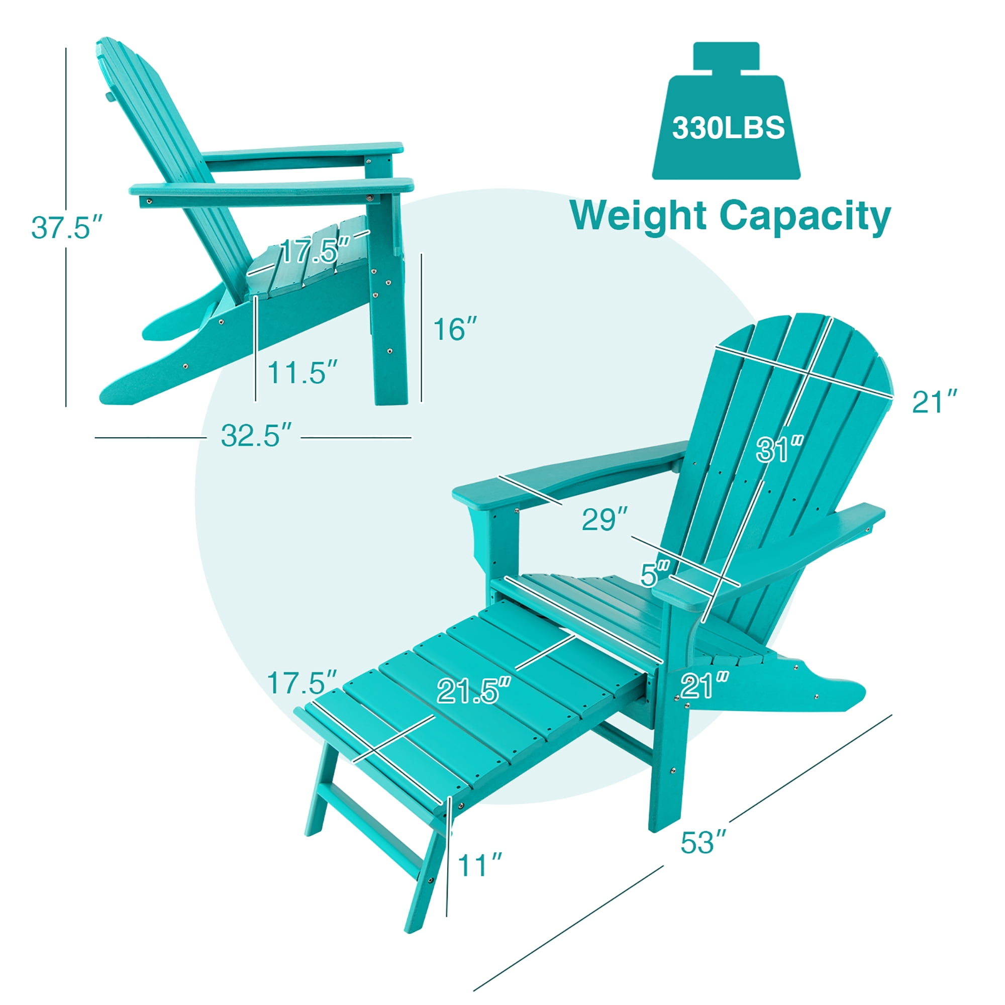 Costway Outdoor Patio HDPE Adirondack Chair Beach Seat Retractable Ottoman Turquoise