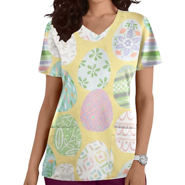 LSLJS Women Easter Nursing Scrubs Top Egg Rabbits Print T Shirt V-Neck Working Uniform Workwear Pocket Tops