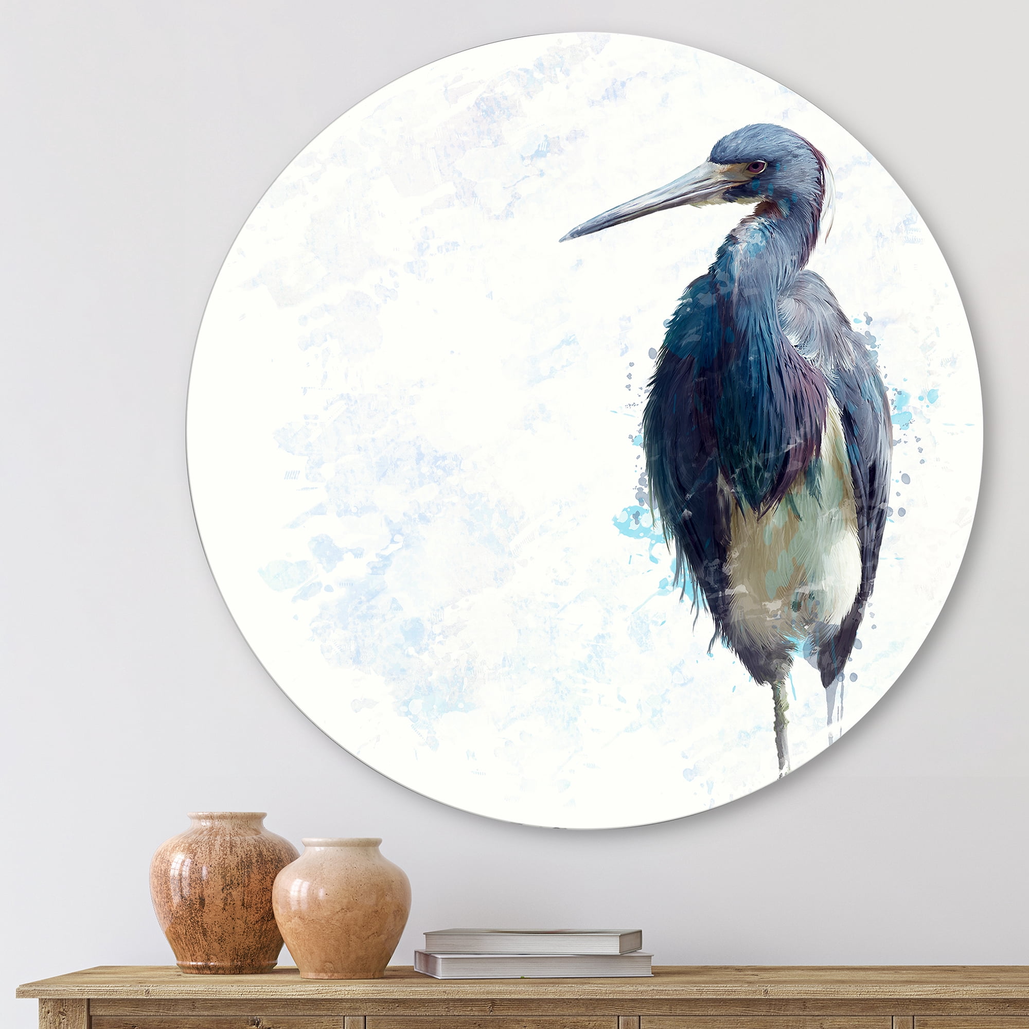 Designart 'Tricolored Heron Bird On White' Farmhouse Circle Metal Wall Art 11x11 - Disc of 11