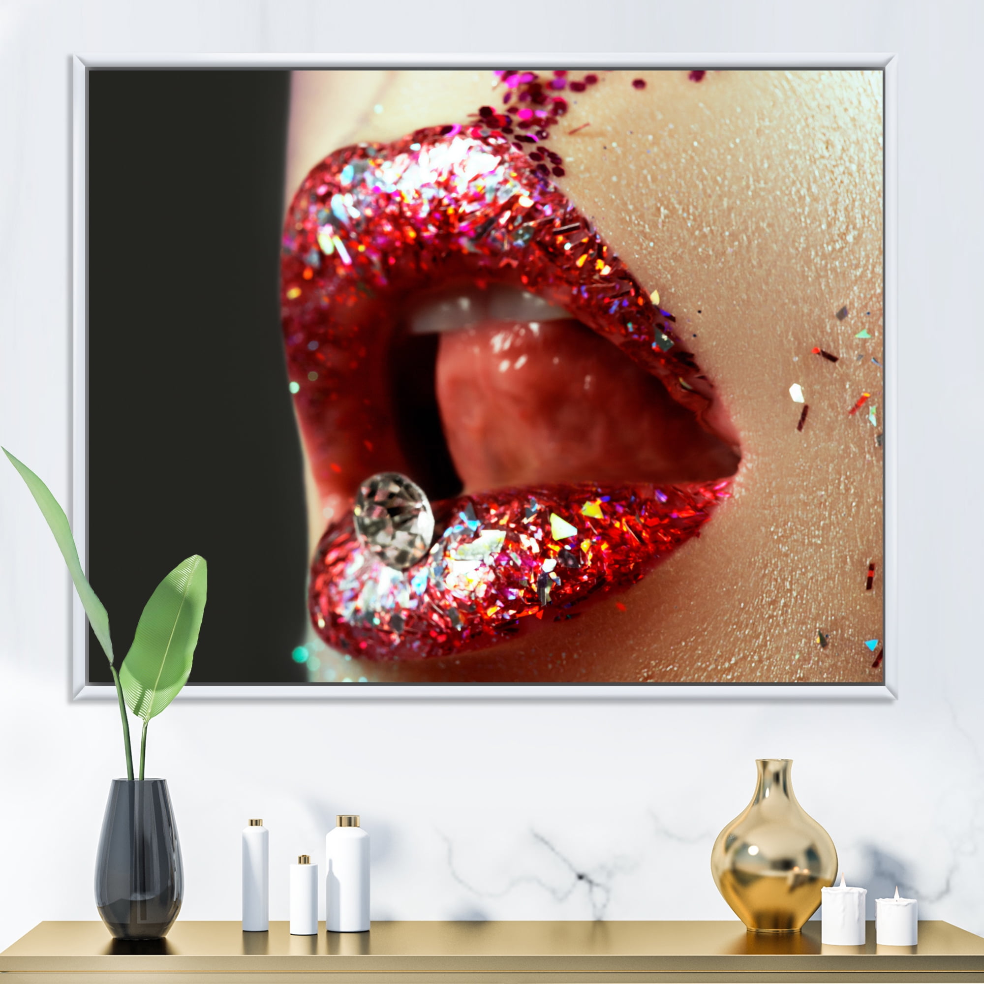 Designart 'Artistic Girl Lips Make-Up' Modern Framed Canvas Wall Art Print