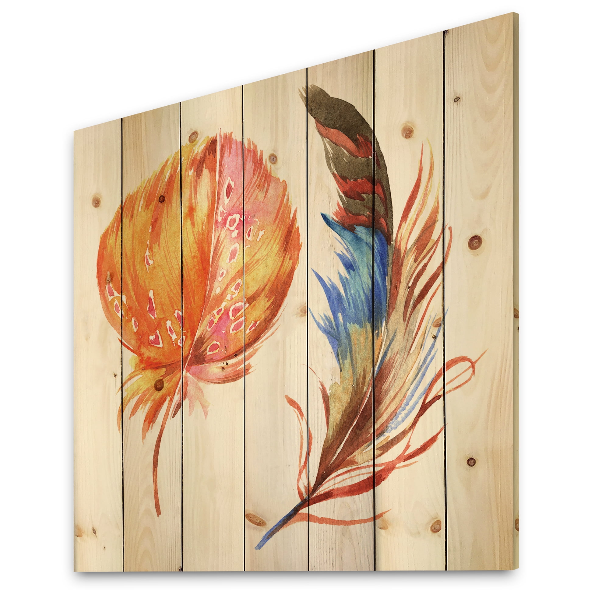 Designart 'Ethnic Brown and Colorful Feather ' Bohemian & Eclectic Print on Natural Pine Wood