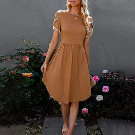 Usdian Graduation Dress Short Sleeve Casual Dresses Plus Size Summer Dresses Regular Fit Lightweight Active Solid for Women Yellow XXL Clearance Items