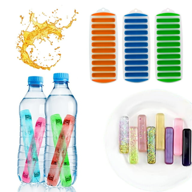 Paquete de 3 bandejas largas para palitos de hielo con tapa | Moldes rectangulares de silicona reutilizables para cubitos de hielo, ideales para botellas deportivas y botellas de agua de boca