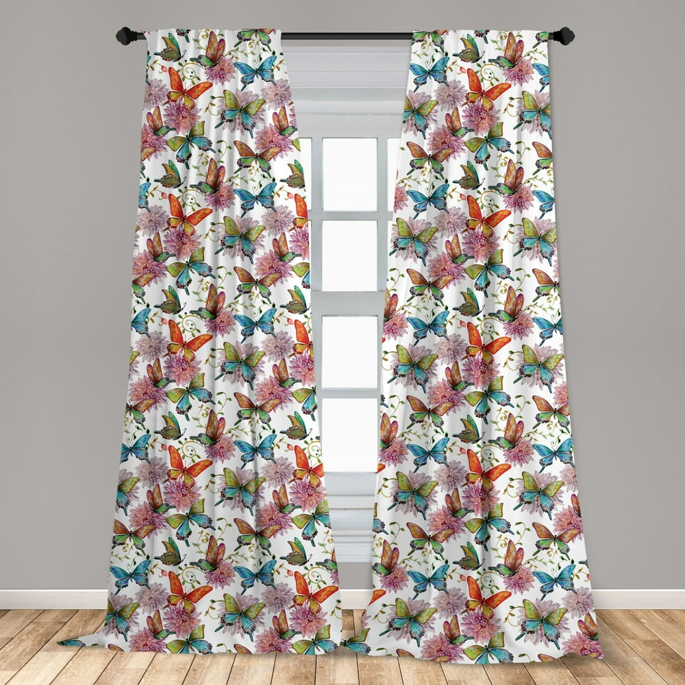Butterfly Curtains 2 Panels Set, Flying Butterflies with Floral