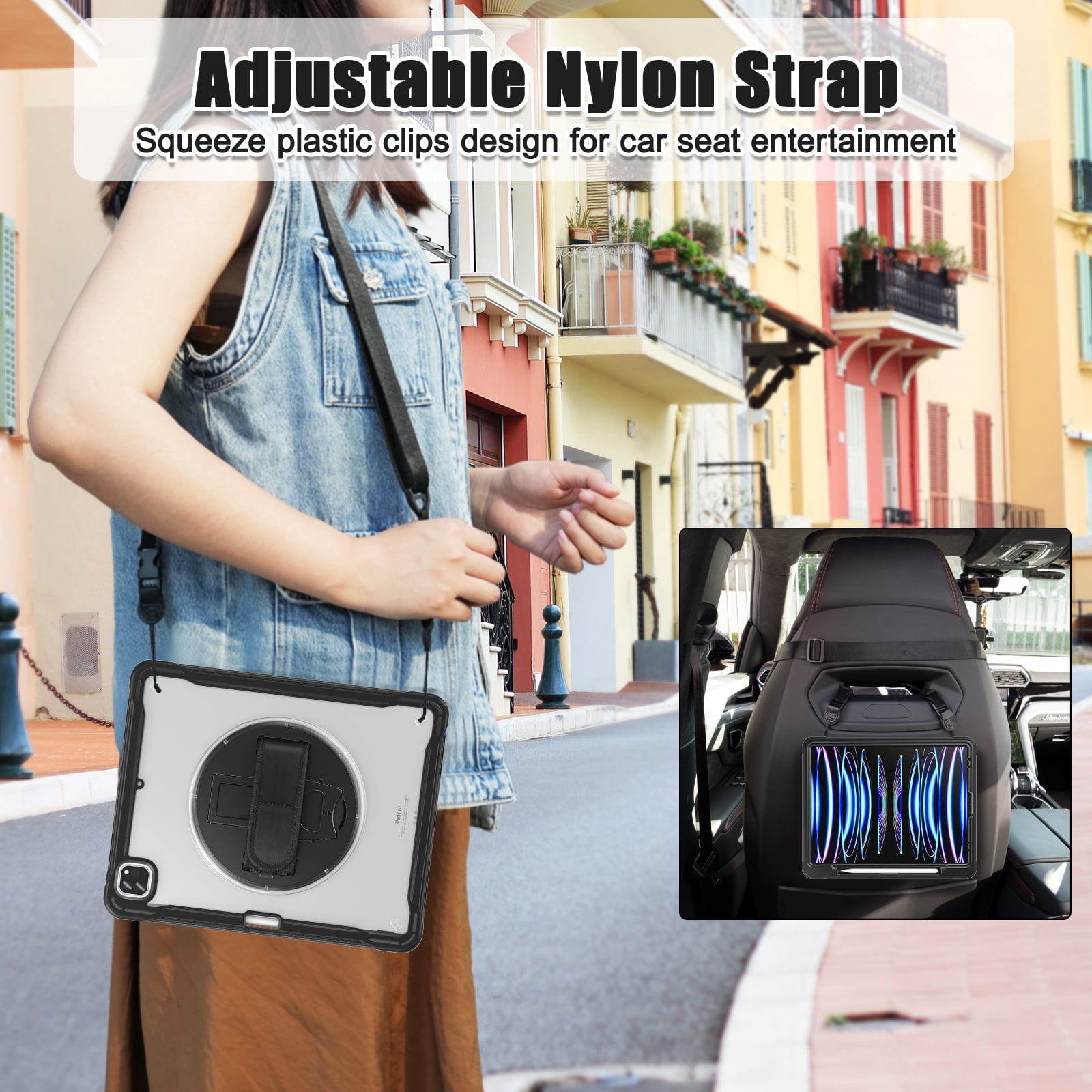 Allytechgroup Rugged Case for Apple iPad Air 11 Inch M4 M3 M2 2026 2025 2024, Kicktand Translucent Back Cover Shockproof Adjustable Shoulder Strap Kids Friendly with Pencil Holder, Black