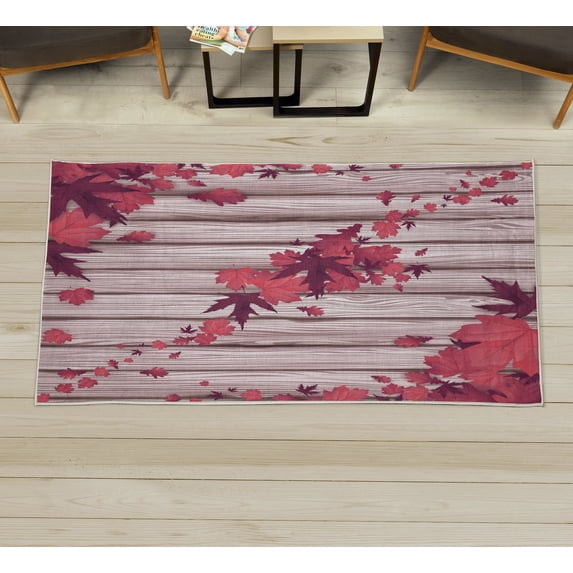 Autumn Decorative Rug, Fall Maple Leafs Tree Diagonal Leaves Foliage Rustic Wooden Planks Illustration, Quality Carpet for Bedroom Dorm and Living Room, 6 Sizes, Dark Coral, by Ambesonne
