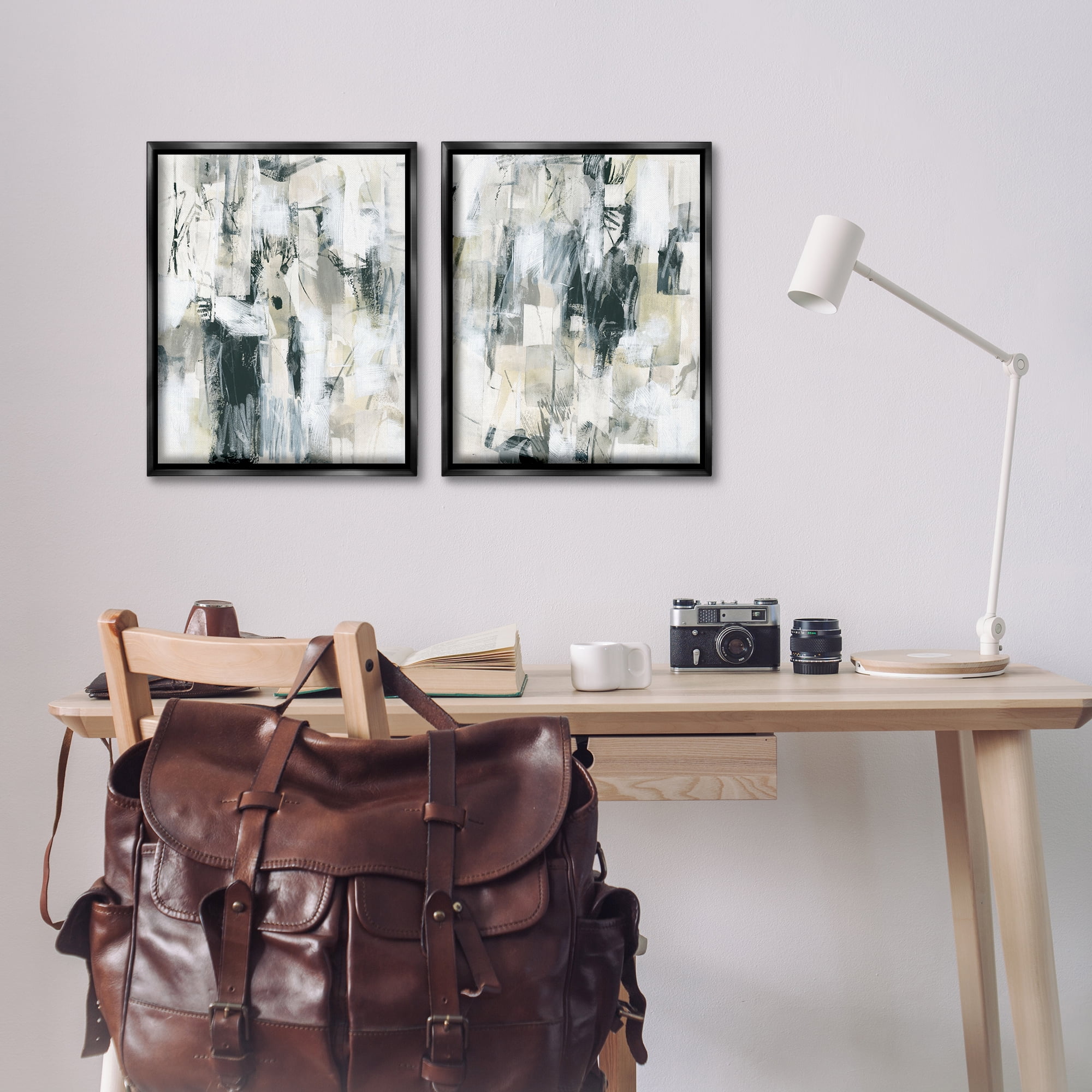 Stupell Industries Abstract Charcoal and Beige Abstract Painting Black Floater Framed Canvas Art Print Wall Art, 17 x 21, Set of 2