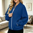 thumbnail image 5 of Full Zip Up Sweatshirt Women No Hood Oversized Loose Casual Long Sleeve V Neck Jacket Fall Winter Sweatshirt Blue XL, 5 of 8
