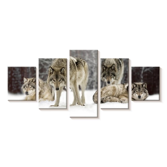 Elephant Stock Wolf Pack Wall Art - Horizontal Multi Panel Canvas - Living Room Wall Decor - Animal Multi Panel - Brown And Gray Decor - 29" x 12"