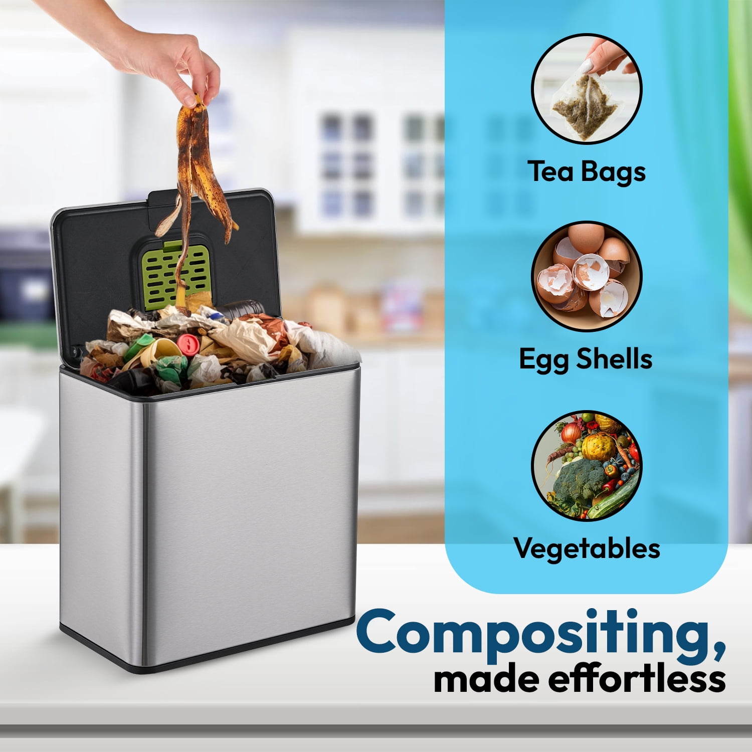 Simpli-Magic Kitchen Trash Can, 16 Gallon, Stainless Steel, Rectangular Step Garbage Bin With Lid, Dual Compartment Trash and Recycling, Silver