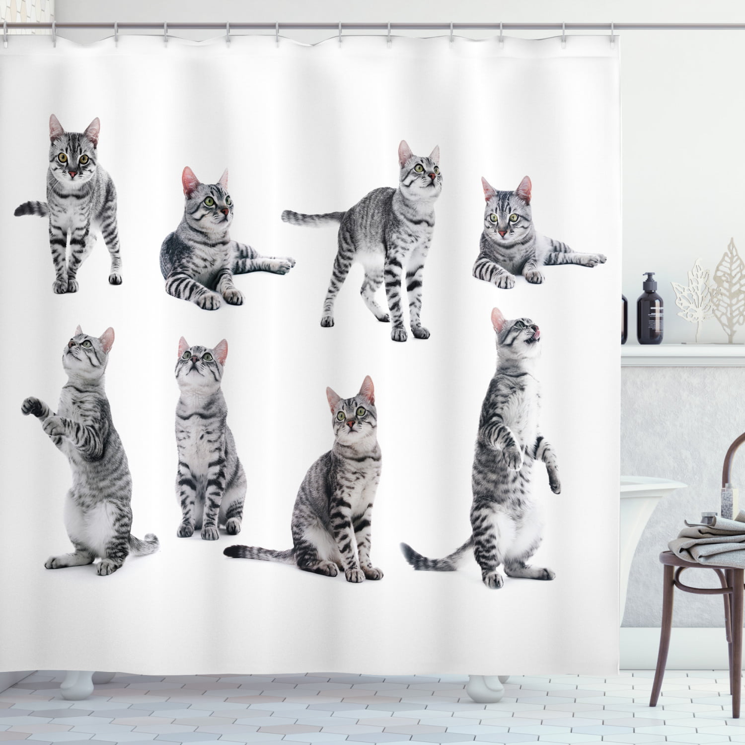 Cute cat on book shelf cartoon style Bathroom Fabric Shower Curtain Set 71Inch 