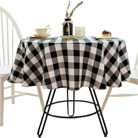 54 Inch Round Checkered Tablecloth Spillproof Wrinkle Free Heavy Weight Gingham Table Cloth for Circular Table Cover,  Buffalo Plaid for Buffet Banquet Parties Holiday Dinner  Black and White