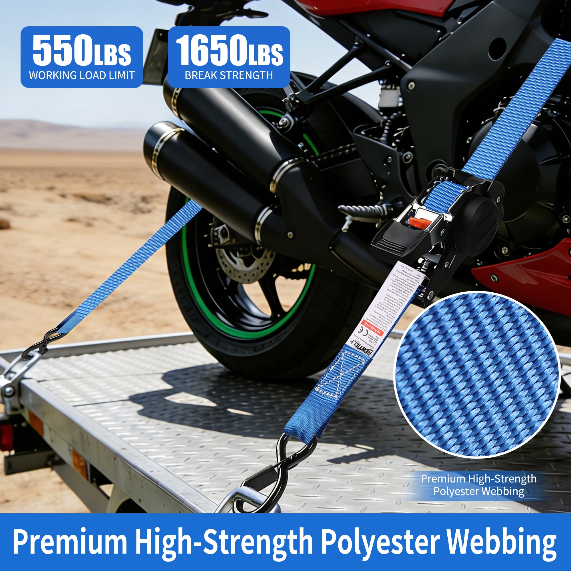 4-Pack Retractable Ratchet Straps with 4 Soft Loop - 1 Inch x 10 Feet (1,650lb Break Strength) - Heavy Duty Auto Self Retracting Tie Down Straps for Truck, Cargo Trailer, Motorcycle, ATV, UTV, Blue