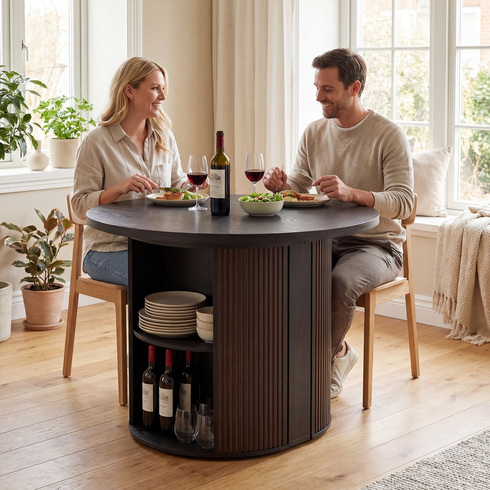 Advwin Extendable Dining Table for 2-12 People, 38" to 110" Space-Saving Folding Table with Storage &  Fluted Base, Modern Wooden Expandable Table for Dining Room, Party, Meeting, Wedding, Black