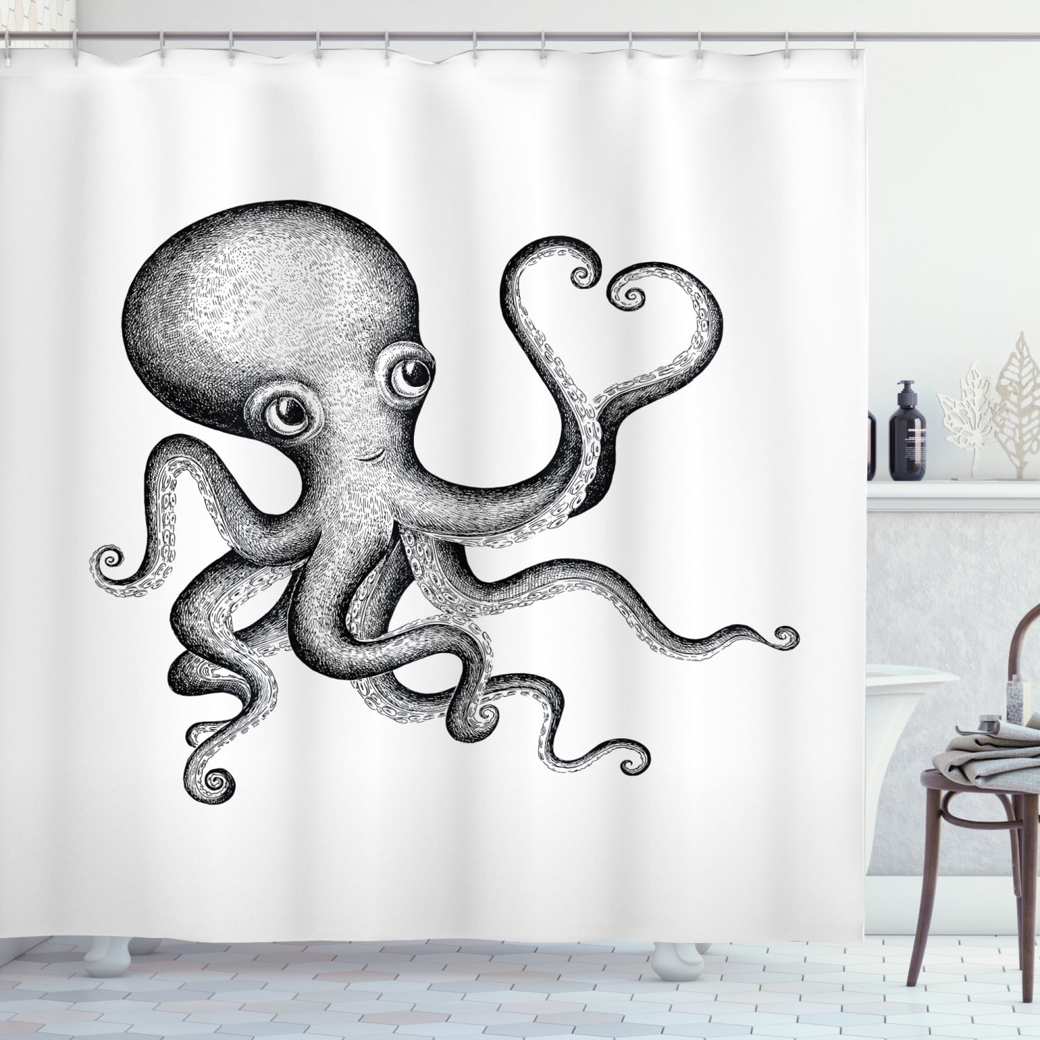 Waterproof Fabric Shower Curtain Bathroom Set Mat Hooks Blue Tentacles Octopus 