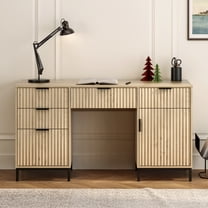 Joyyskill Fluted Executive Desk with File Drawer, 55" Large Computer Desk with Storage and Charging Station, Modern Wooden Home Office Desk Light Oak