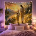 thumbnail image 2 of Robed Figure and Child Walking Hand in Hand along Flower Meadow Path with Wooden Staff, Serene Storybook Nature Style for Families, Thoughtful Gift, Bedroom and Living Room, Tapestry and Wall Hanging, 2 of 7