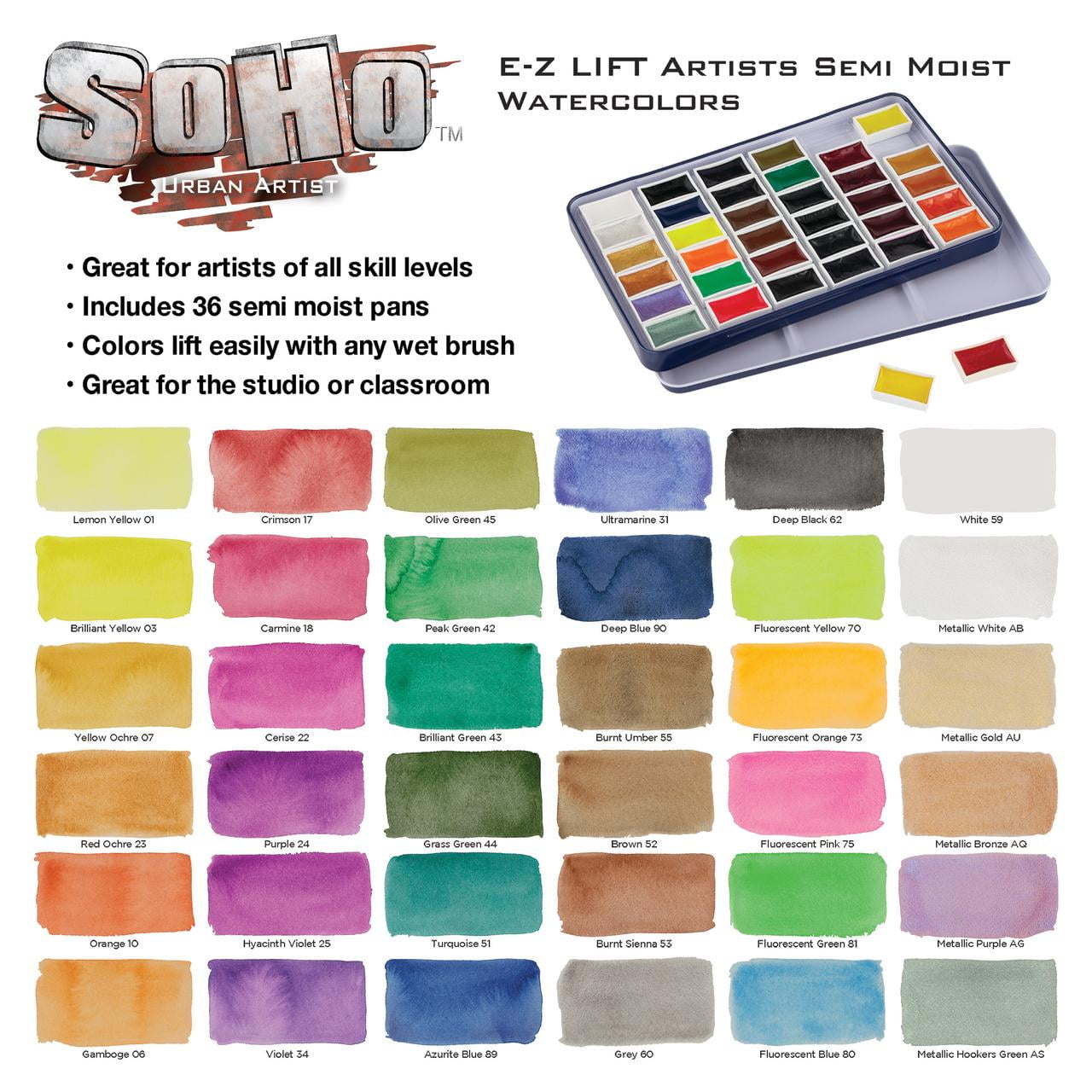 SoHo Urban Artist E-Z Lift Artist Watercolors Pan Set Of 36 - Professional Watercolor Pan with Rich & Brilliant Colors for Painters, Artists, Canvas, & More!