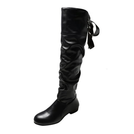 

Keen-High Boots for Women Thick Boots Women s Color Tie Back Pleated Bow Fashion Solid Boots Heel Women s Boots PU Dress Sandals for Women Black