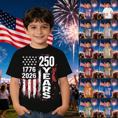 America 250 Shirt Fashion Graphic Print Short Sleeve Crewneck Casual Daily Wear Kids 4Th of July Shirt Grey 3-4 Years