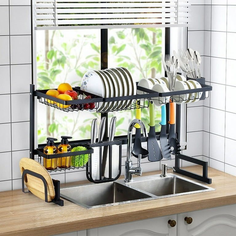 Focussexy Over Sink Dish Drying Rack 2 Tier Adjustable Stainless Steel Large Expandable Dish Drainer Shelf for Saving Organizer Storage Space in Kitchen Black