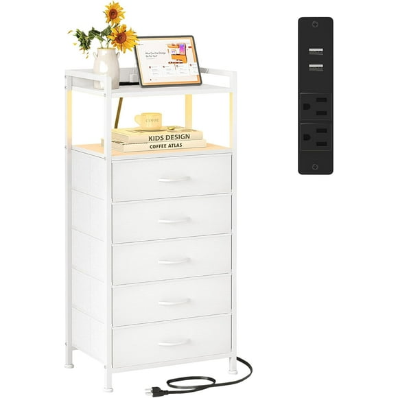 Elegant White Nightstands - 5 Storage Drawers, Tall Bedroom Dresser, LED Light Charging Station, Shelf Side Table, Metal Frame