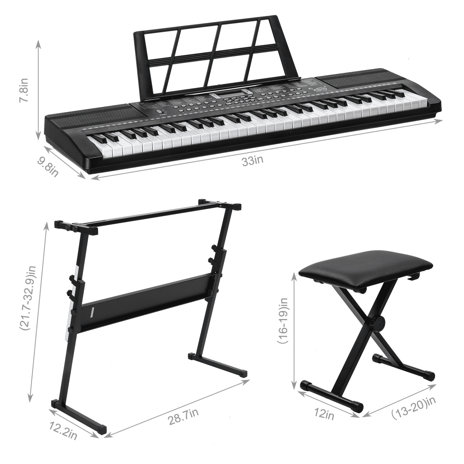 Hassch 61 Key Keyboard Piano for Beginners w/Stand Bench, Built-In Speakers, Headphone, Microphone, Music Rest, LED Screen, 3 Teaching Modes, Black