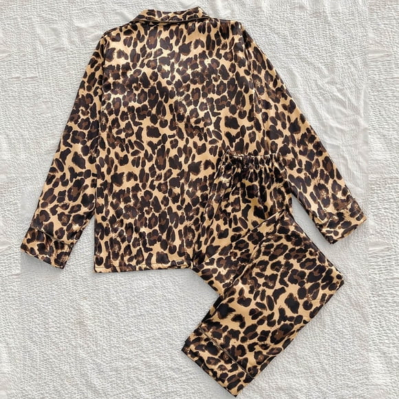 EQWLJWE Silk Satin Leopard Pajamas for Women Long Sleeve Pj Set Two-Piece Sleepwear Silky Button-Down Nightwear Soft Loungewear Sets