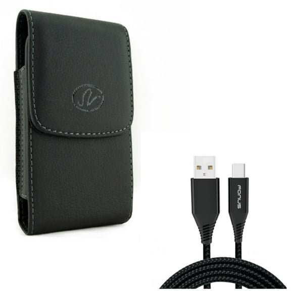 Black Vertical Leather Phone Case Cover Protective Pouch w 6ft Long Type-C USB Cable Braided Charger Power Cord G8K for ASUS ZenFone 5z 4 Pro - BLU Vivo XI Plus - CAT S48c - Google Pixel XL