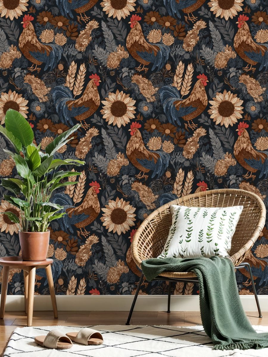 Chicken Peel and Stick Wallpaper Rustic Floral Rooster Sunflowers Daisies Wall Mural 17.7in x 9.8ft Self Adhesive Removable Wall Paper Renter Friendly Wallpaper for Nursery Bedroom Cabinets