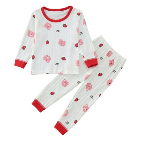 

QBGSAY Kids Outfits Sets Toddler Boys Girls Winter Long Sleeve Cartoon Bear Strawberry Prints Tops Pants Two Piece Casual Set Casual Outfits For Kids