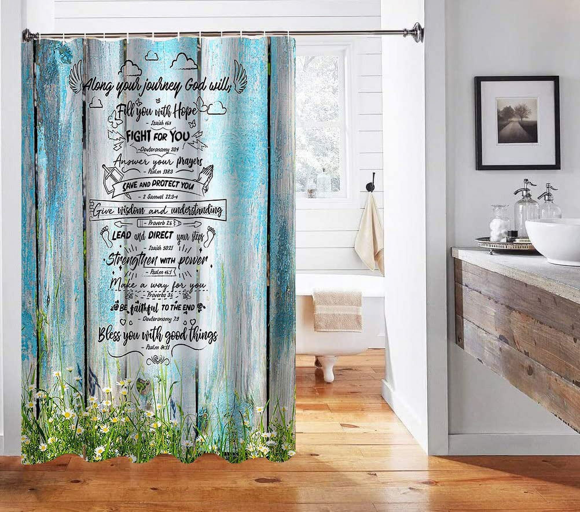 Positive Inspirational Quotes Shower Curtain, Country Floral White Daisy Blue Vintage Wooden Board Rustic Farmhouse Bathroom Decor, Waterproof Fabric Shower Curtain, 72 X 72 Inch, Angel Wings