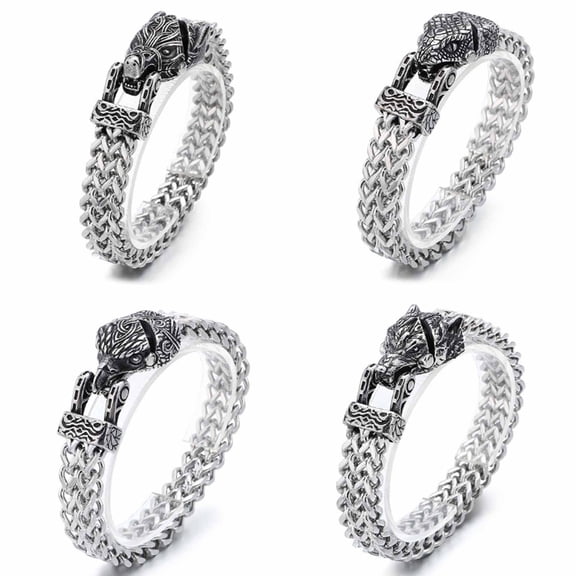 Men's Stainless Steel Braided Bracelet, Adjustable Multi-Size Chain Jewelry with Gift Box, Hypoallergenic Rustproof Biker Punk Viking Accessory Wolf 20 cm