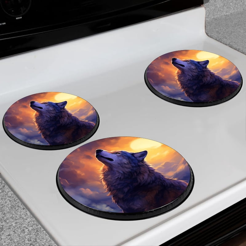 BaHomeck Electric Stove Burner Covers Set of 4,Round Metal Gas Stove Burner Covers 8 Inch and 10 Inch,Kitchen Decor,Wolf Howling At The Moon With Beautiful Night Sky