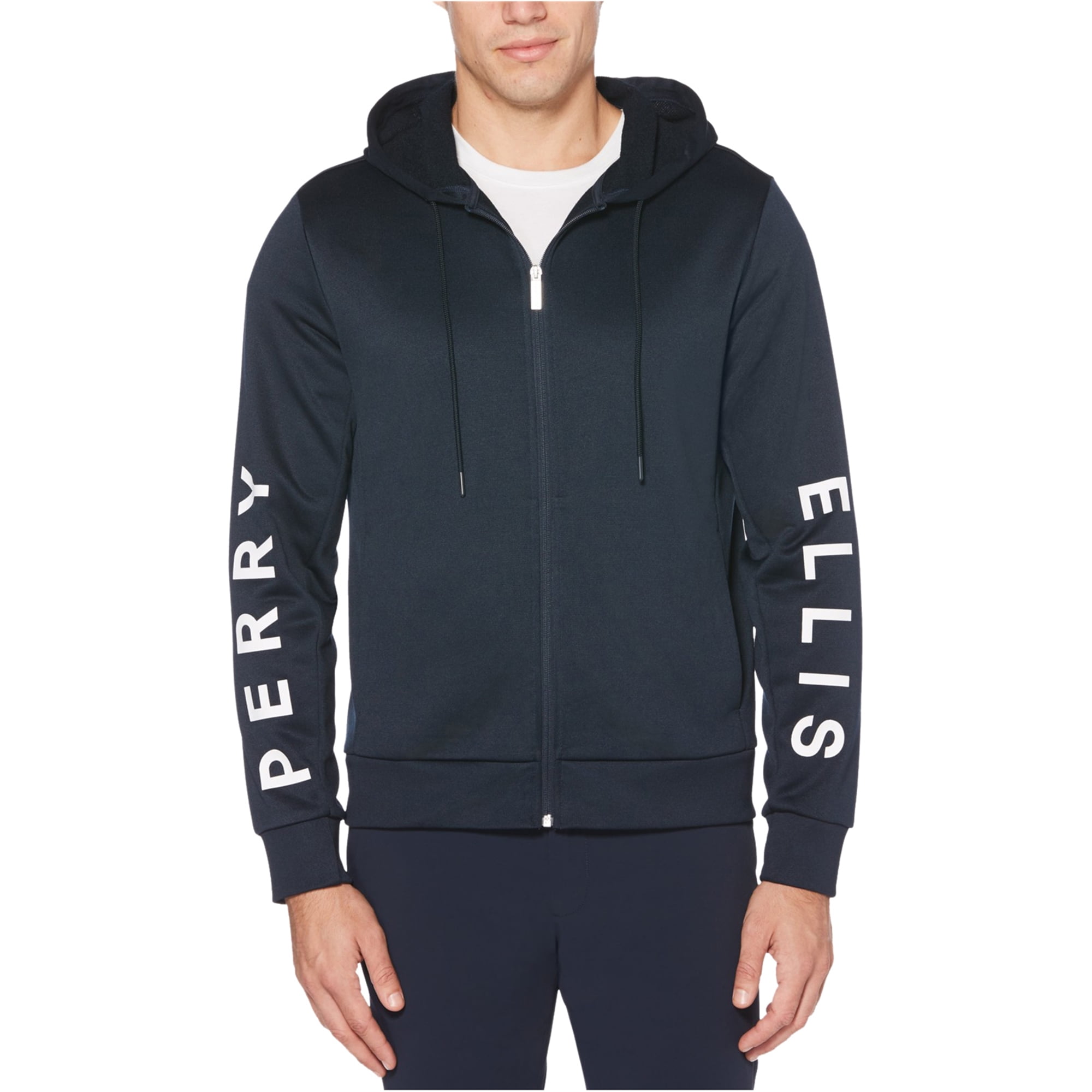 Perry Ellis Mens Signature Sleeve Logo Full Zip Hooded Sweatshirt