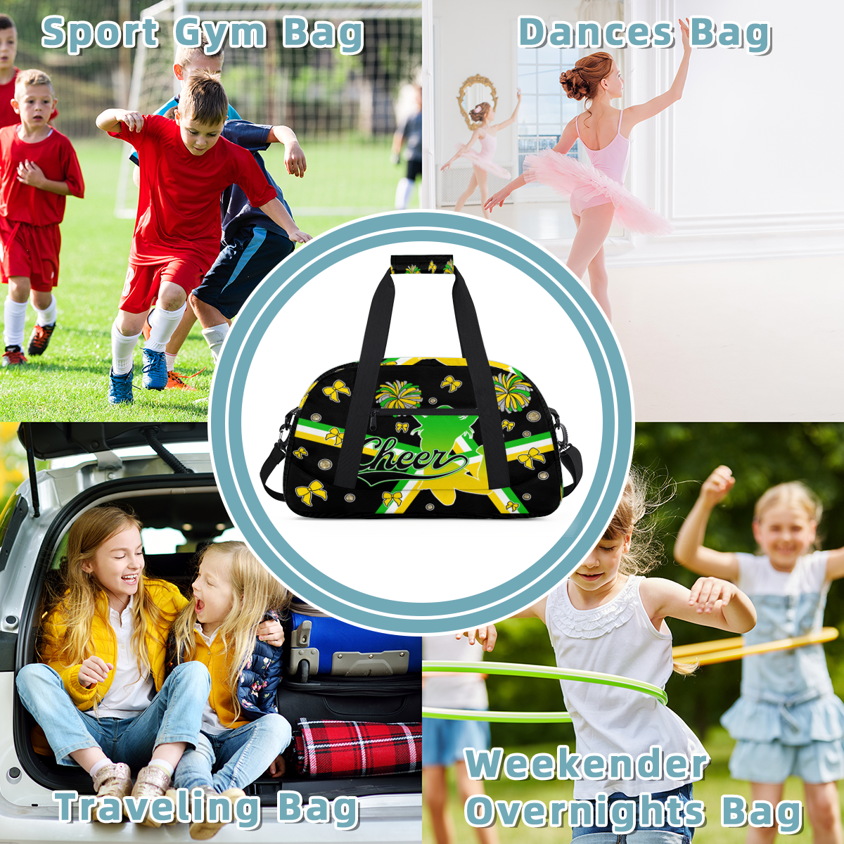 Herdesigns Cheerleader Bags Overnight Duffel Bags Cheer Green Yellow Sport Gym Bag Travel Bag Travel Waterproof Weekender Bag Carry On Travel Tote Bag Dance Bags
