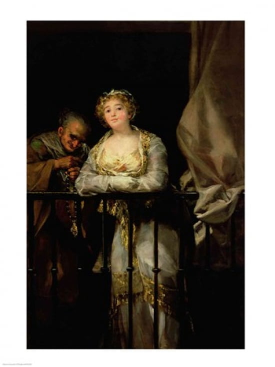 Maja and Celestina on a Balcony Canvas Art - Francisco De Goya (18 x 24)
