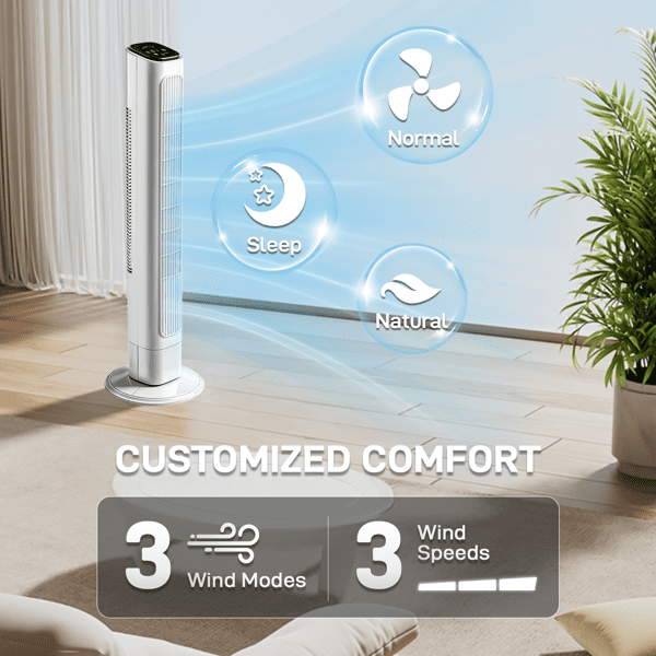 Alvantor 32-Inch White Tower Fan, Touch and Remote Control, 3 Speeds, 3 Modes, Oscillation, 9-Hour Timer