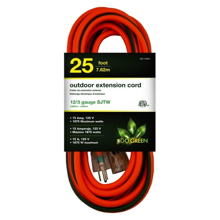 GoGreen Power (GG-14025) 12/3 25’ SJTW Outdoor Extension Cord, Lighted End, 25 Ft