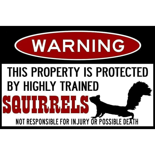 Squirrel Sign Funny Metal Tin Sign, Protected by Squirrels Warning Sign