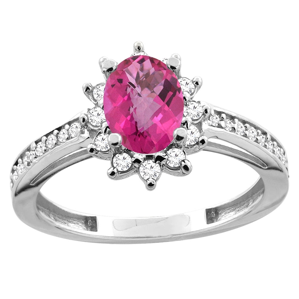 14K White Gold Diamond Natural Pink Sapphire Floral Halo Engagement Ring Oval 7x5mm, size 5.5 by Gabriella Gold