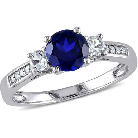 Tangelo 1-1/3 Carat T.G.W. Created Blue and White Sapphire Diamond-Accent 10kt White Gold Three Stone Ring