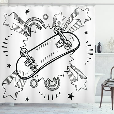 Ambesonne Hipster Shower Curtain, Skateboard Pop Art Style, 69"Wx70"L, Black White