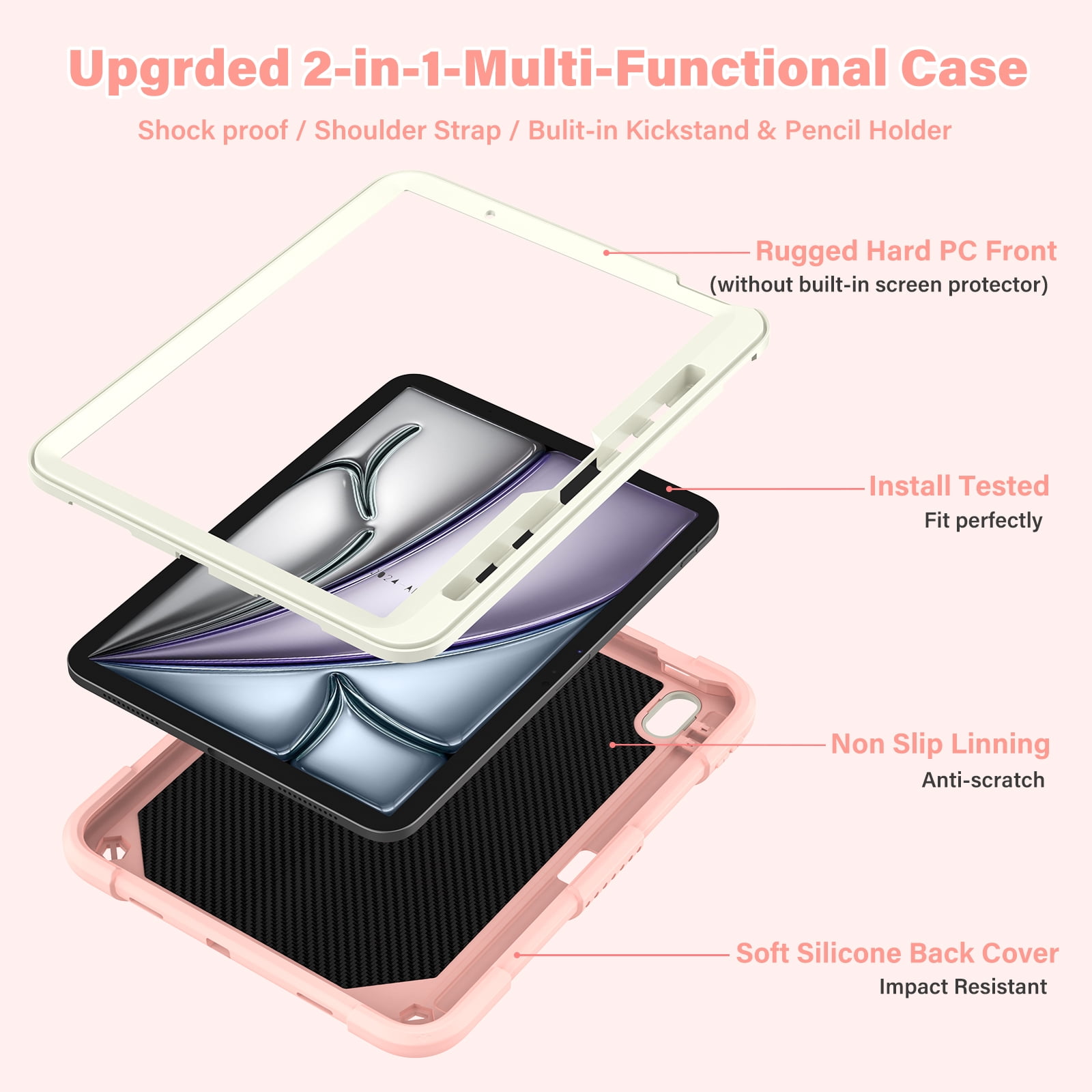 For iPad Air 11 M4 M3 M2 2026 2025 2024 Case, Cute Butterfly Design Heavy Duty Shockproof Shoulder Strap Pencil Holder Kickstand Bumper Kids Friendly Rugged Case for Apple iPad Air 11", Pink+Beige