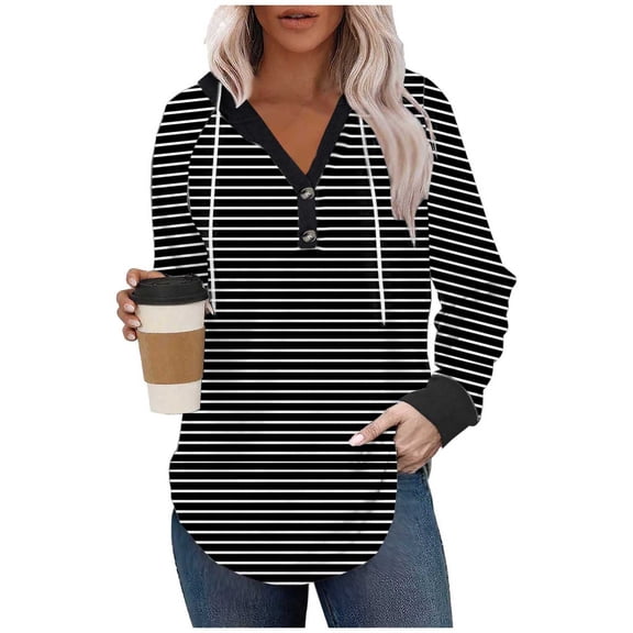 YYDGH Women's Hoodies Sweatshirts Striped Henley V Neck Button Hooded Pullover Tops Casual Lightweight Drawstring Long Sleeve Shirts Black M