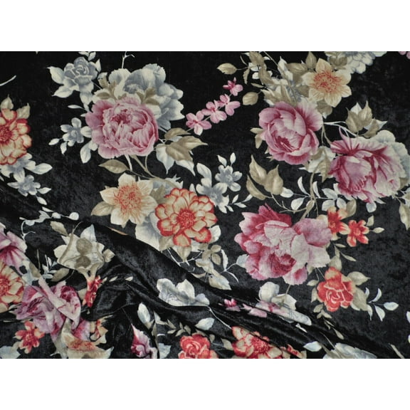 Printed Stretch Velvet Spandex Fabric Apparel Black Burgundy Gray Floral G100