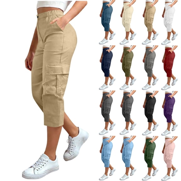 Horkkom Cargo Pants Women Button Zip High Waisted Capris Pants Casual Hiking Pants with Pockets L