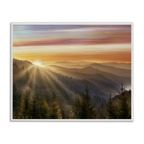 Sunrise Through Mountain Forest Skyline White Framed Giclee Art, 30 x 24, Made In USA