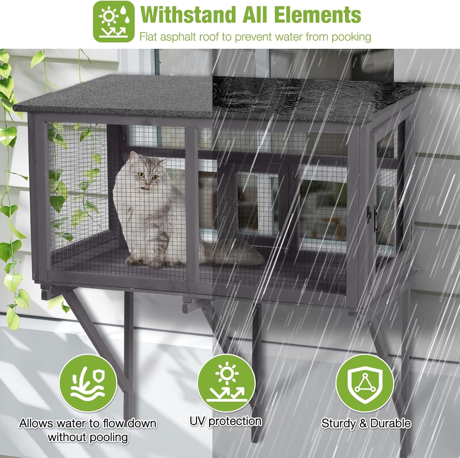 MEDEHOO Outdoor Cat Enclosure & Window Perch - High Density Wire Mesh, PVC Back Door, Bug-Proof (39.4" L × 22.8" W × 43.4" H)