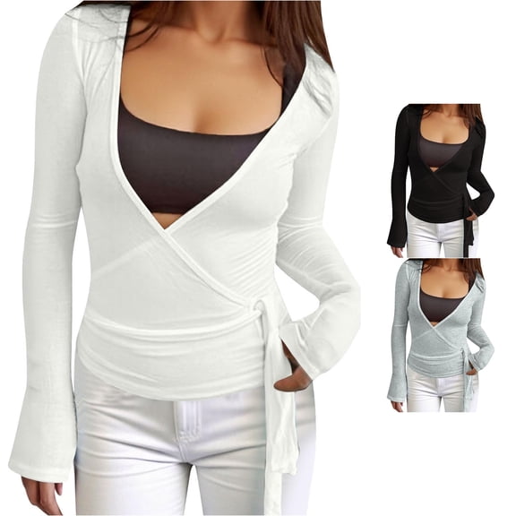 Krdevn Women Y2K Wrap Tie Long Sleeve Top, Deep V Neck Cropped Slim Shirts for Yoga Daily Workout Outfits,White